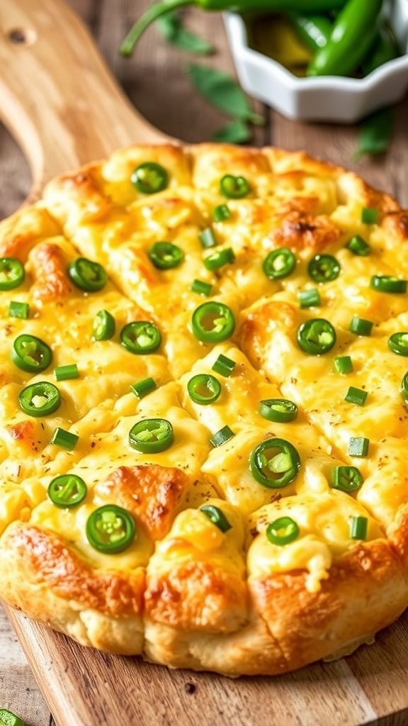 Golden jalapeño popper focaccia bread topped with cheddar cheese and jalapeños on a wooden board.